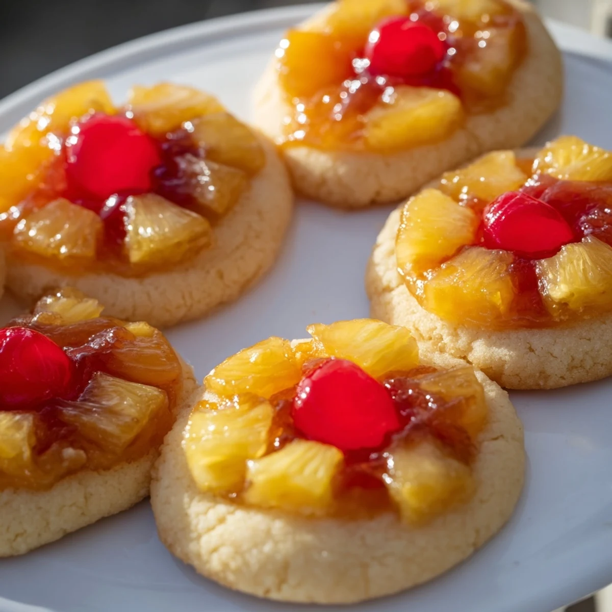 Golden pineapple upside down sugar cookies with caramelized fruit and bright red cherry halves