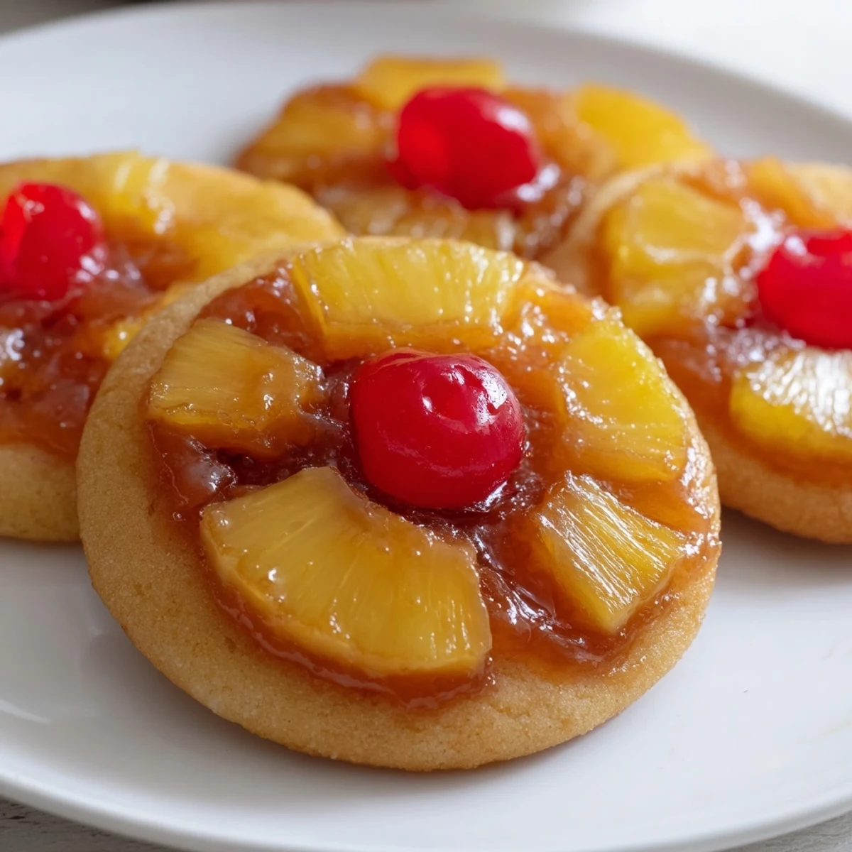 Soft sugar cookies featuring sticky pineapple chunks and maraschino cherries on a buttery brown sugar glaze