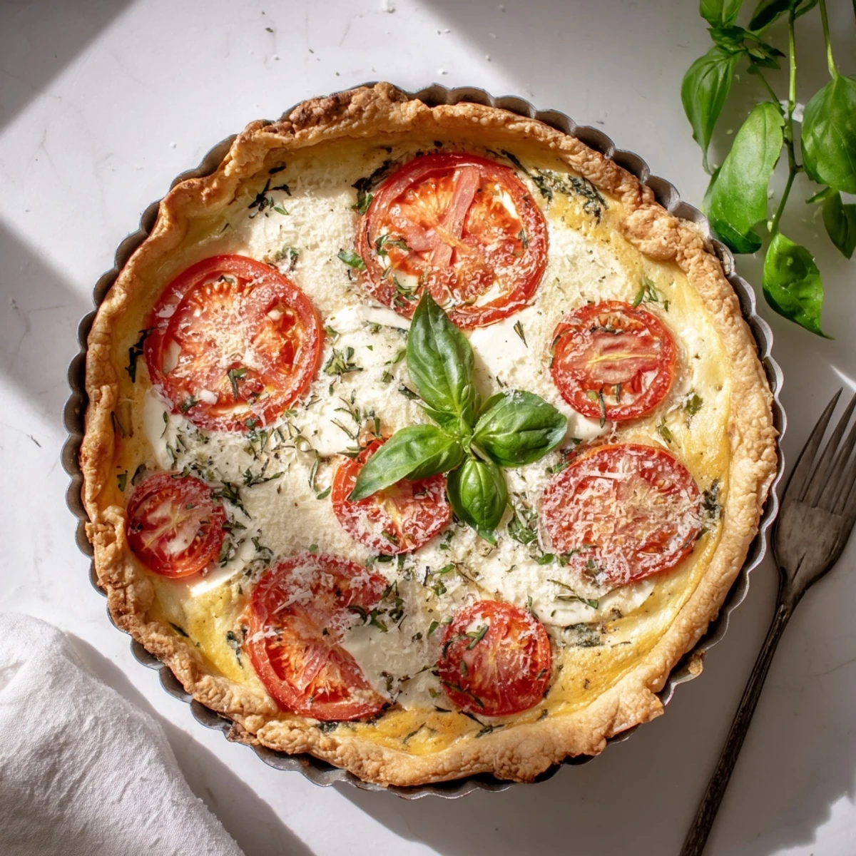 Golden savory tomato basil tart featuring ripe tomato slices and melted mozzarella on flaky puff pastry crust