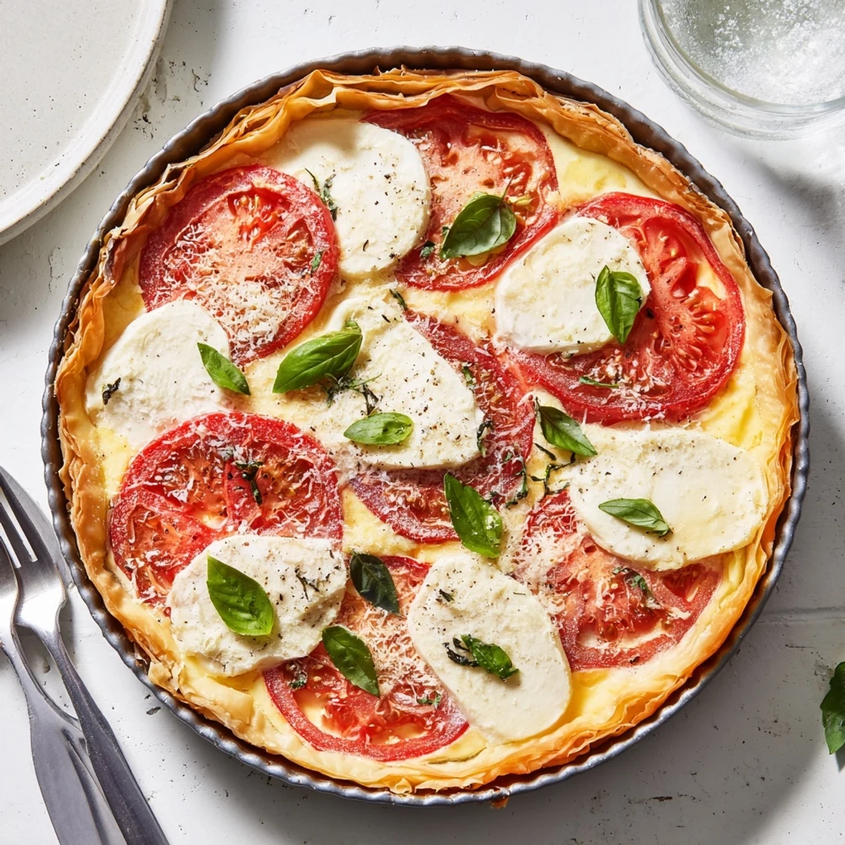 Homemade savory tomato basil tart with layered tomatoes and creamy cheese filling ready for brunch serving