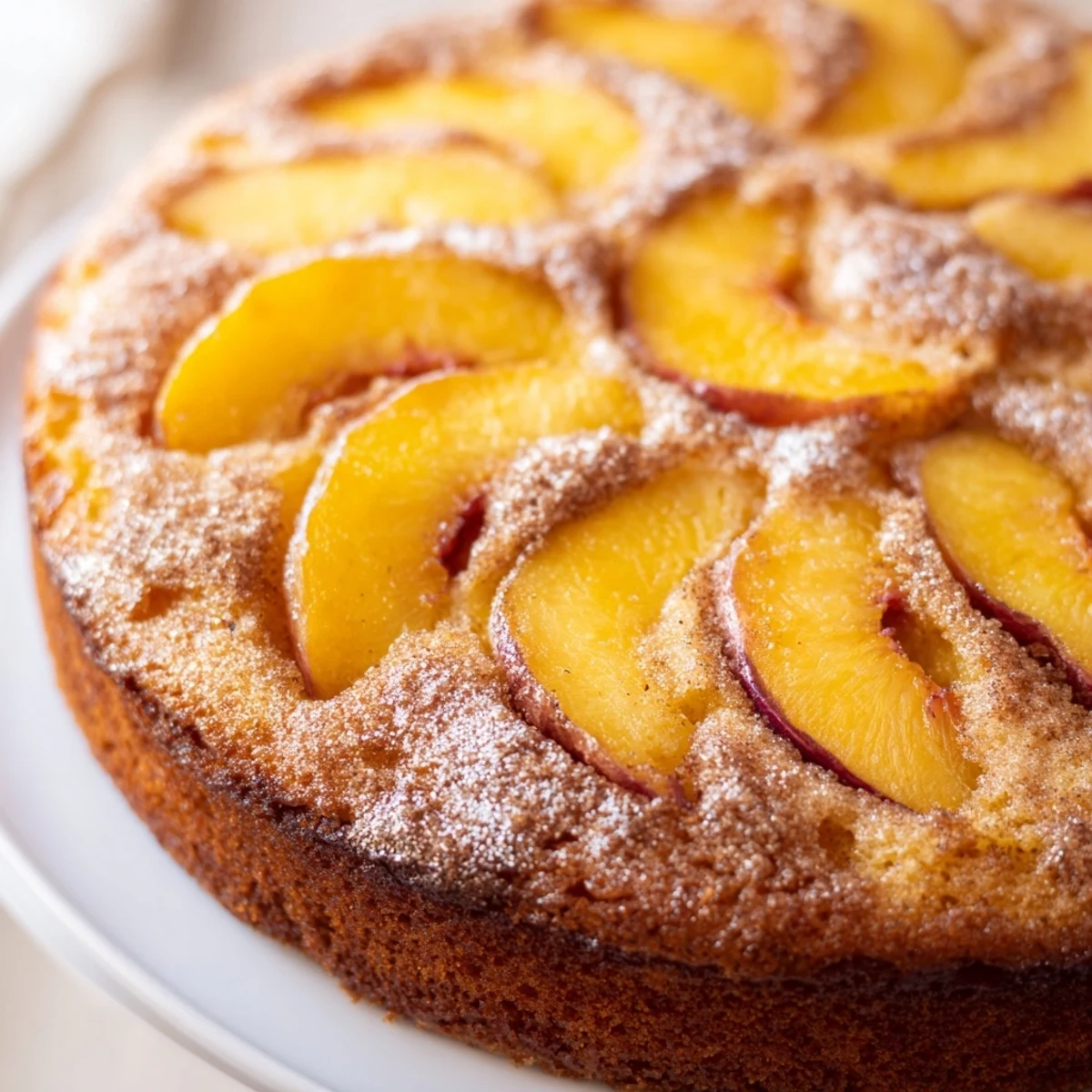 Slice of tender summer peach cake revealing embedded peach pieces and golden crumb