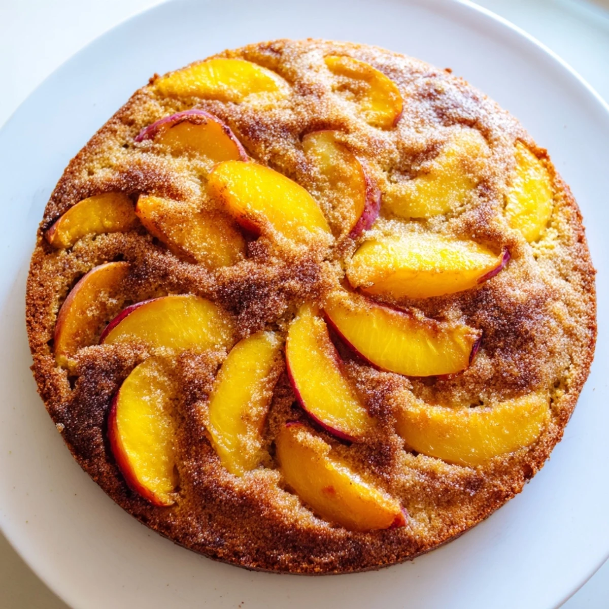 Moist summer peach cake studded with juicy ripe peach halves and cinnamon sugar