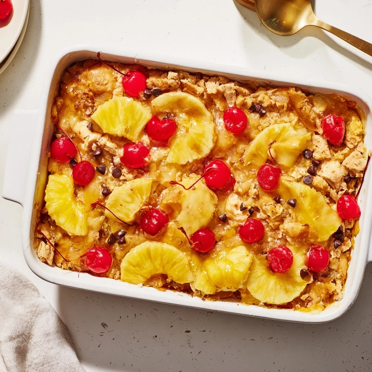 Golden banana split dump cake baked with cherries, pineapple, chocolate chips and buttery yellow cake mix topping