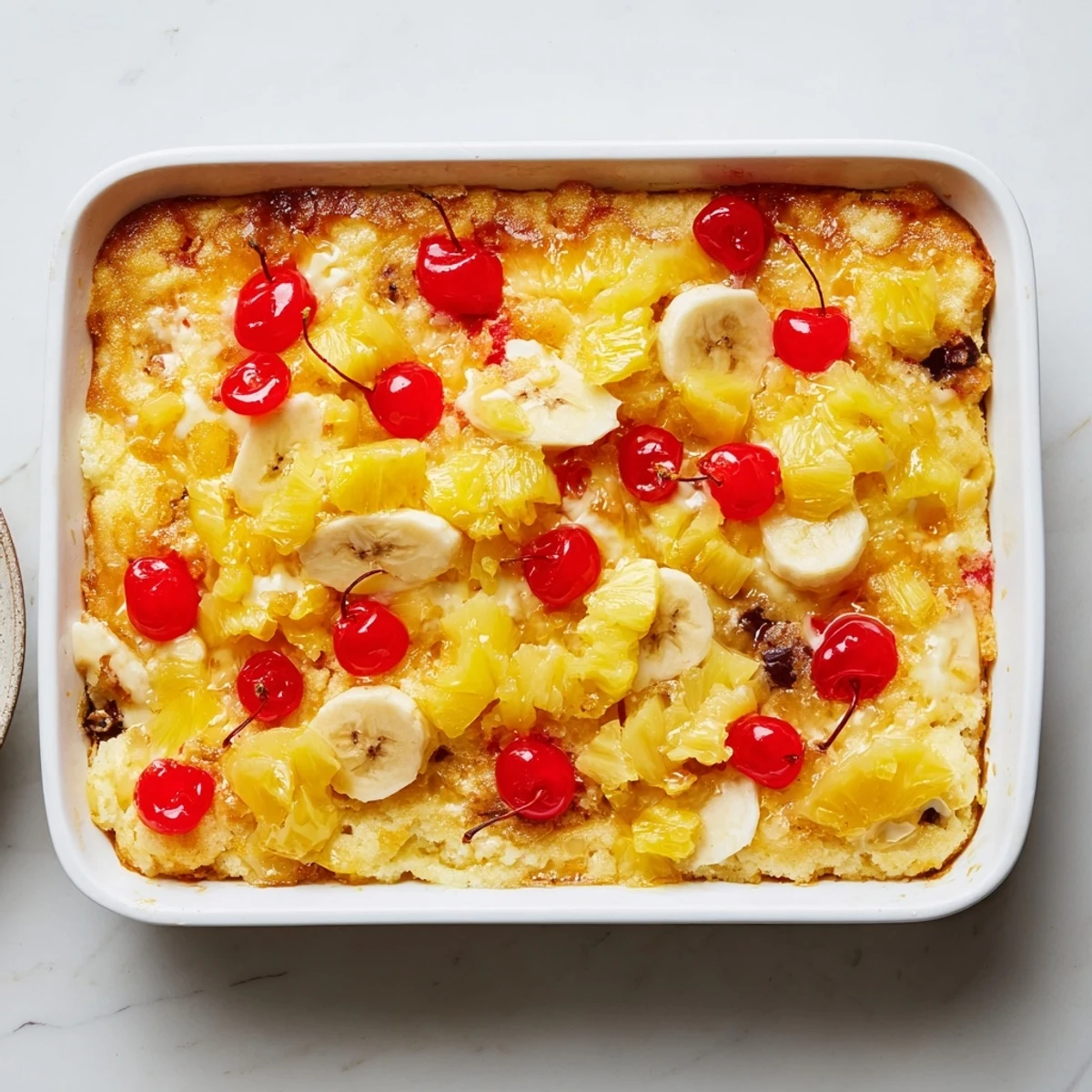 Baked banana split dump cake dessert showing golden cake crust over pineapple, banana and cherry fruit layers