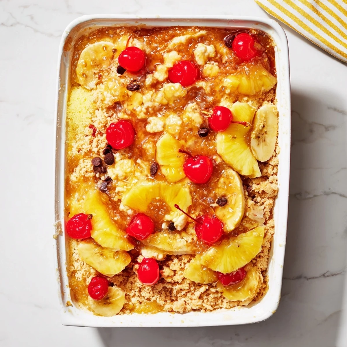 Warm fruit layered banana split dump cake with gooey chocolate and bubbling red cherry pieces
