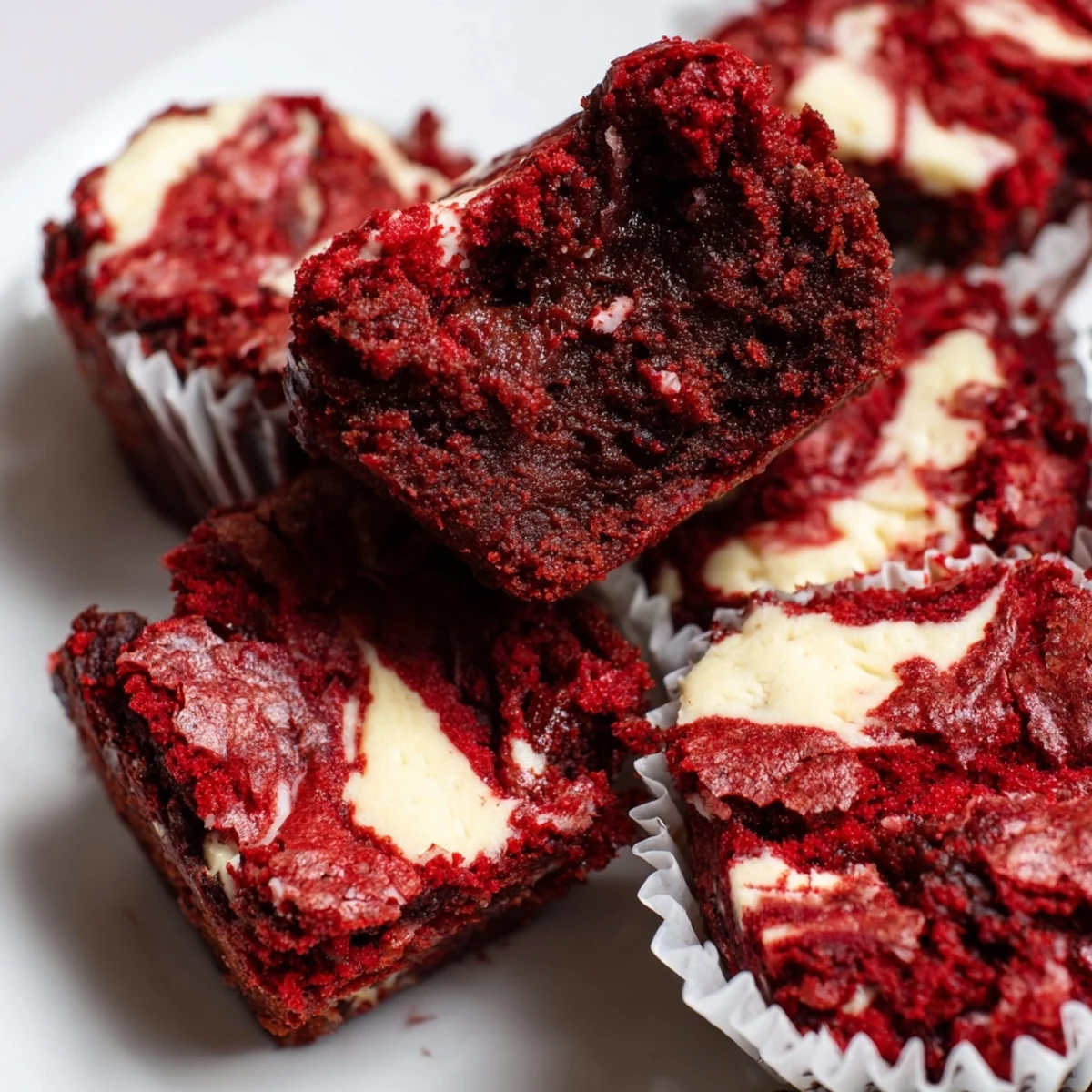 Decadent red velvet brownie bites topped with creamy white cream cheese swirl on white plate