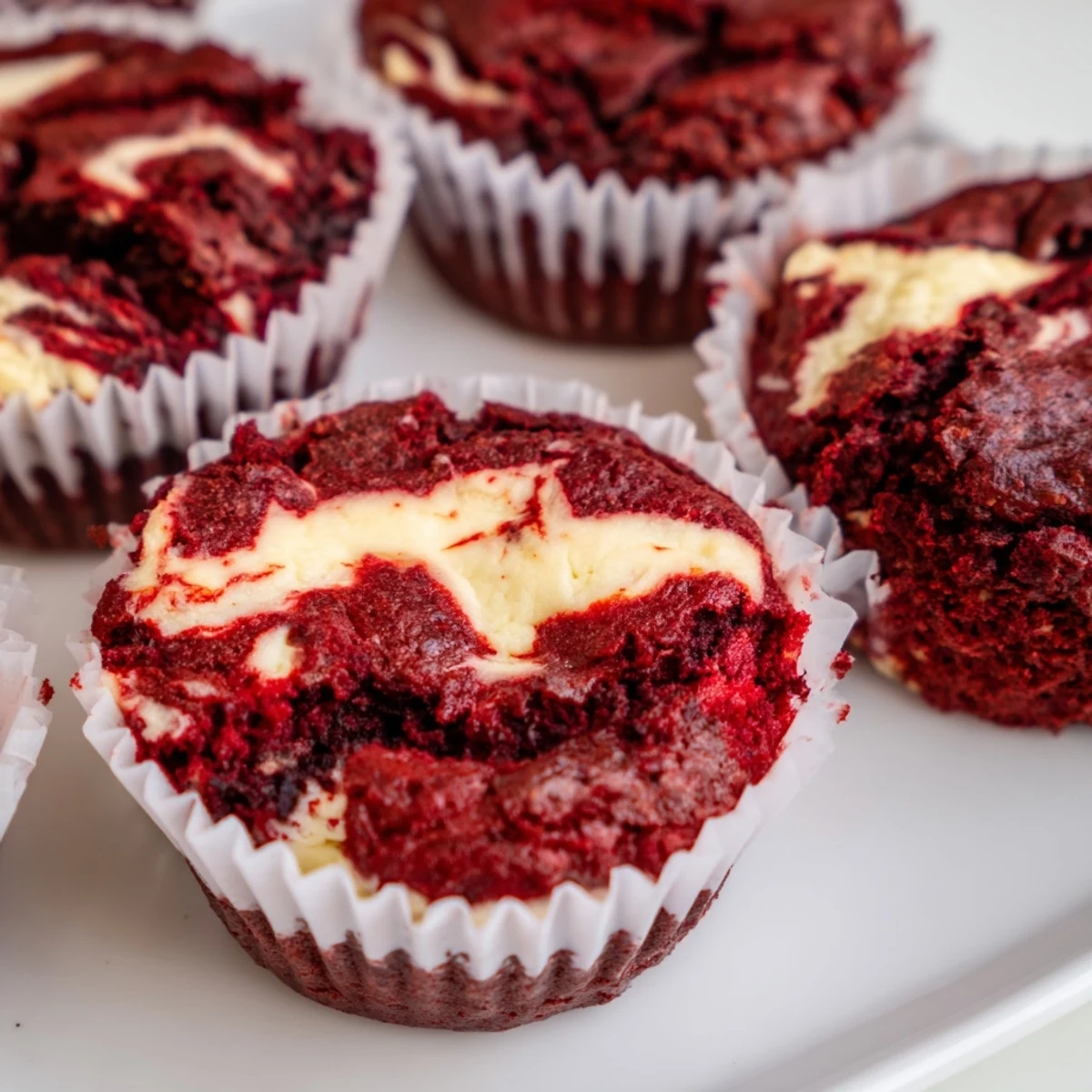 Mini red velvet brownie bites arranged on serving tray with luscious cream cheese swirl pattern