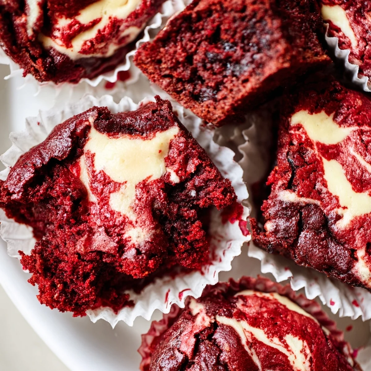 Close-up of fudgy red velvet brownie bites with golden edges and marbled cream cheese topping