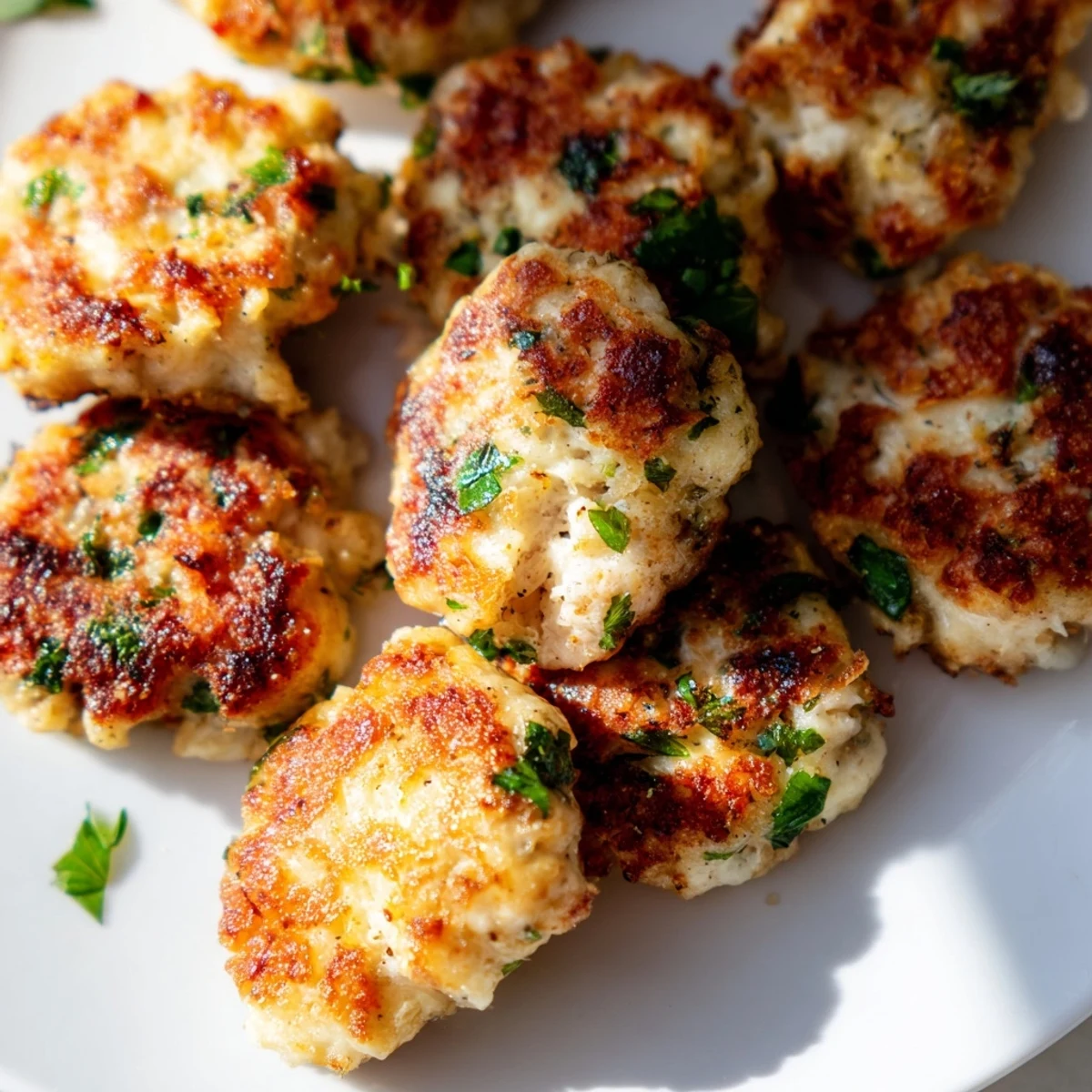 Golden brown cheesy chicken fritters arranged on a white plate with creamy garlic aioli dip in small bowl