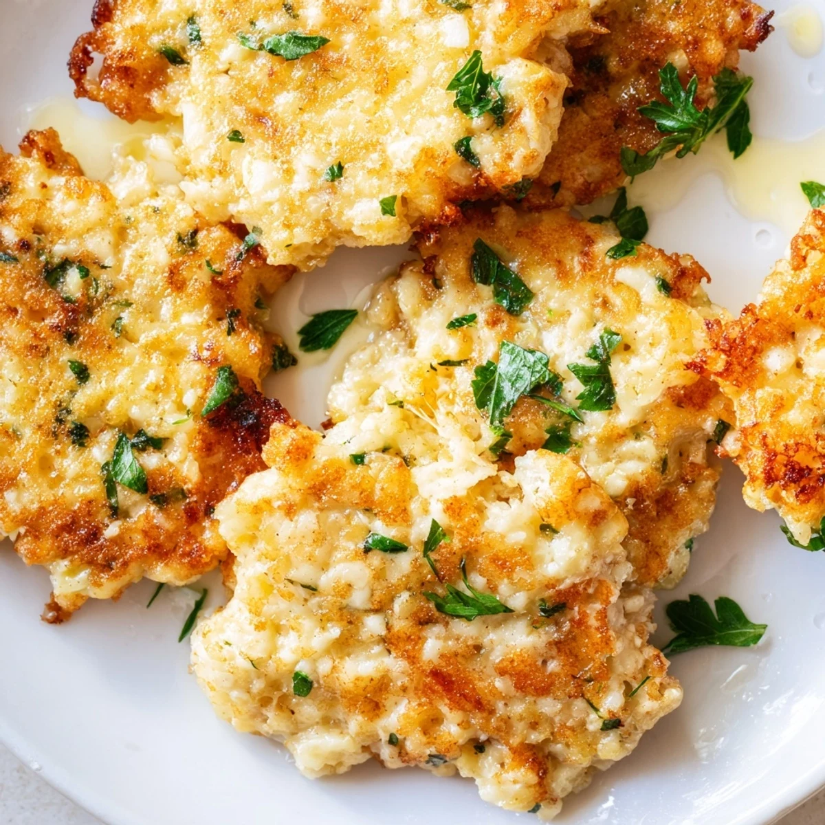 Close up of crispy fried cheesy chicken fritters garnished with fresh parsley served alongside tangy garlic aioli