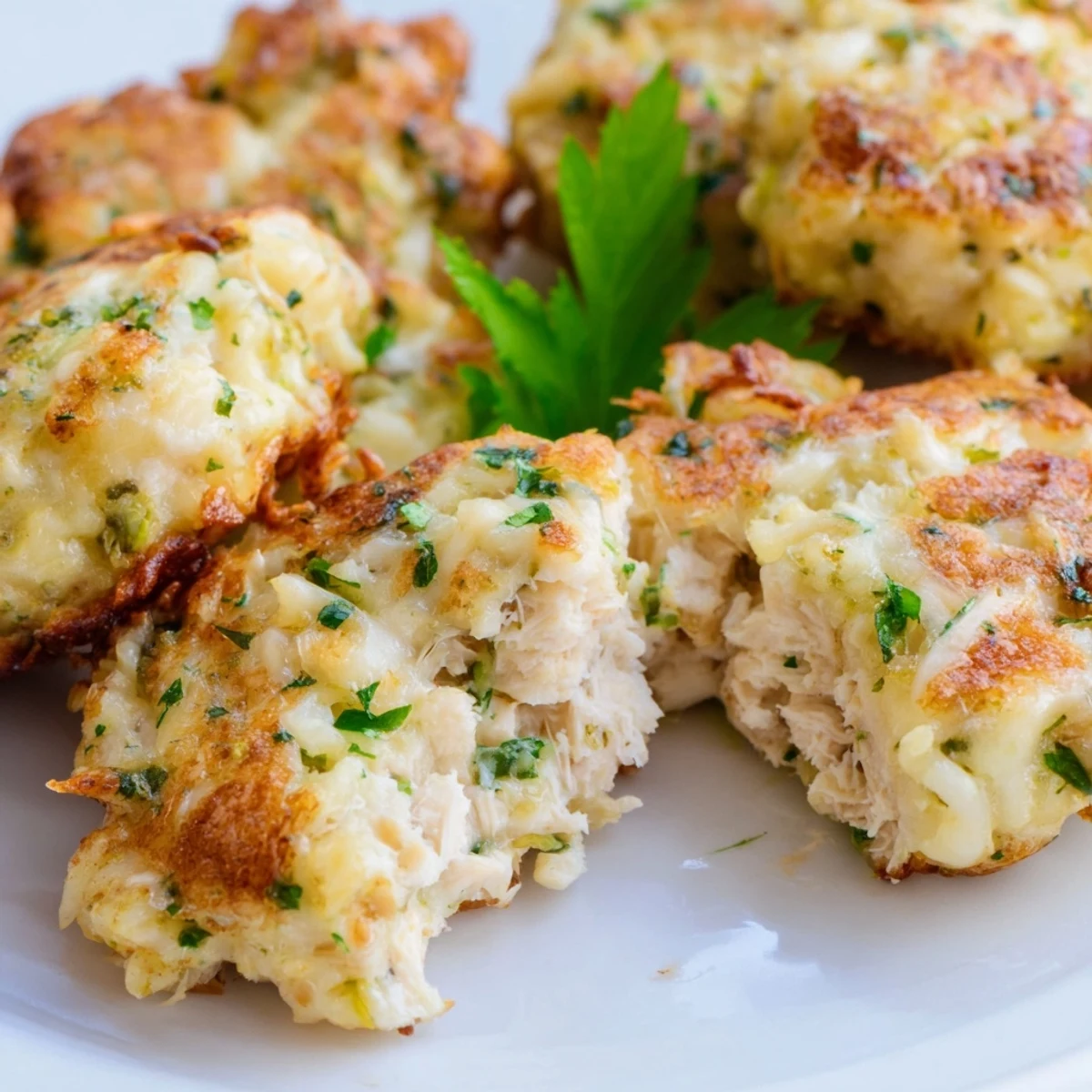 Plate of homemade cheesy chicken fritters with melted cheese visible dipped into thick garlic aioli sauce