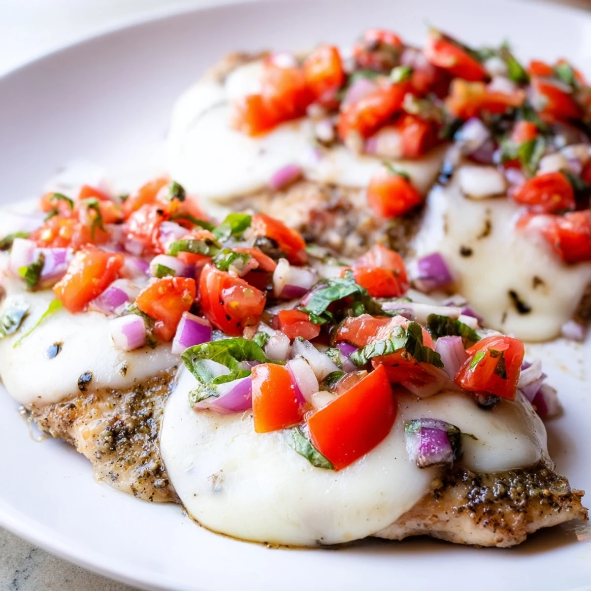 Juicy mozzarella bruschetta chicken featuring seared chicken covered in diced tomatoes and fresh basil