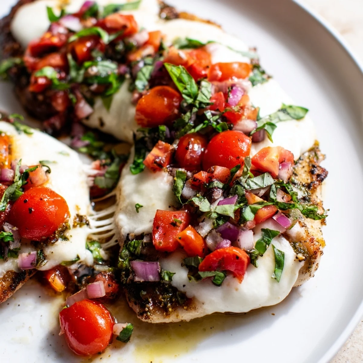 Golden baked chicken breast topped with melted mozzarella and colorful tomato basil bruschetta