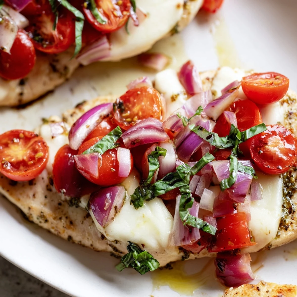 Italian-style chicken with bubbling mozzarella cheese topped with vibrant tomato bruschetta and balsamic glaze