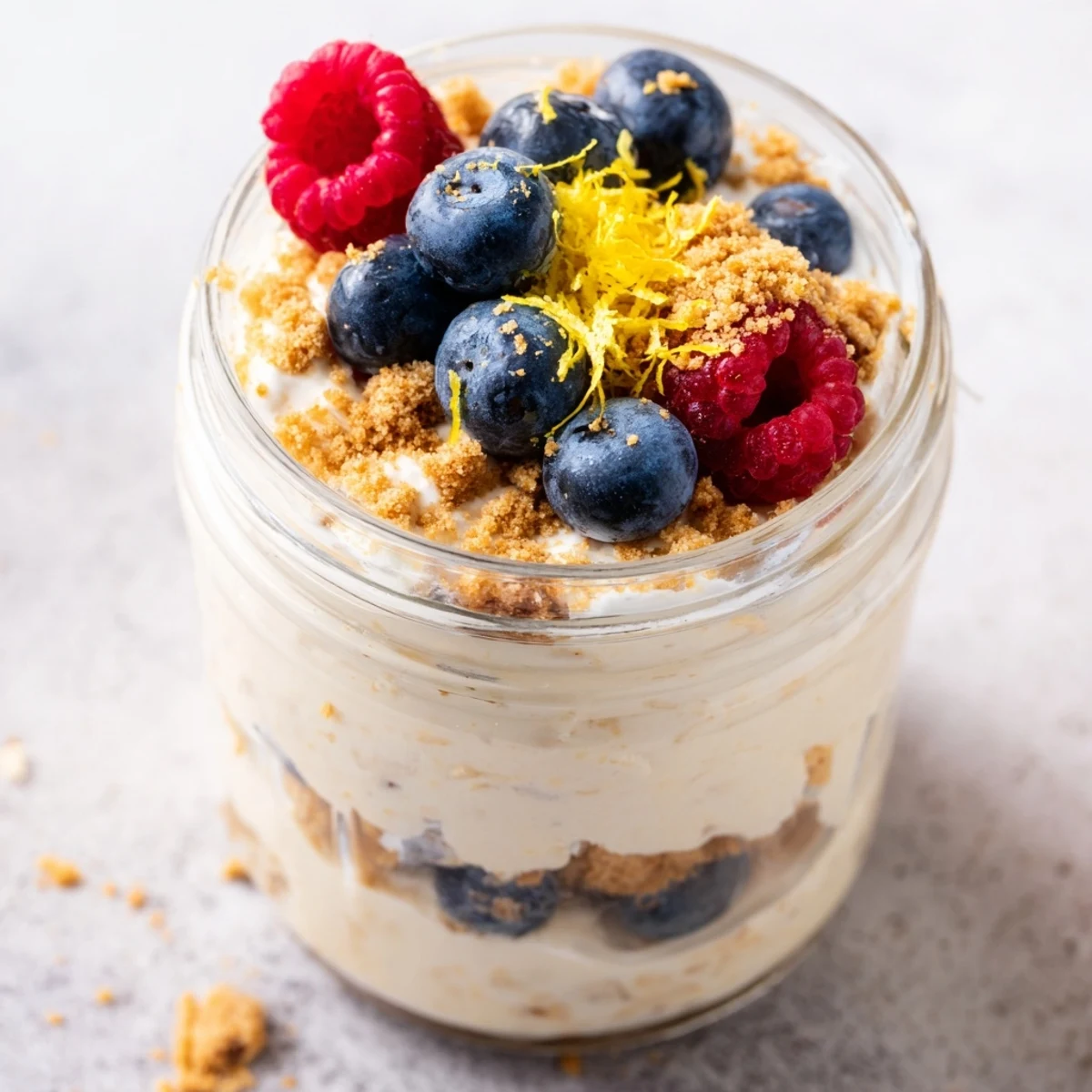 Glass jar of zesty lemon cheesecake overnight oats topped with fresh berries and graham cracker crumble