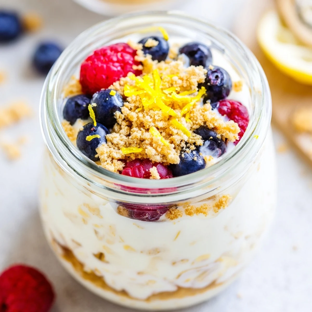 Creamy overnight oats in a clear mason jar with lemon zest garnish and blueberries on top
