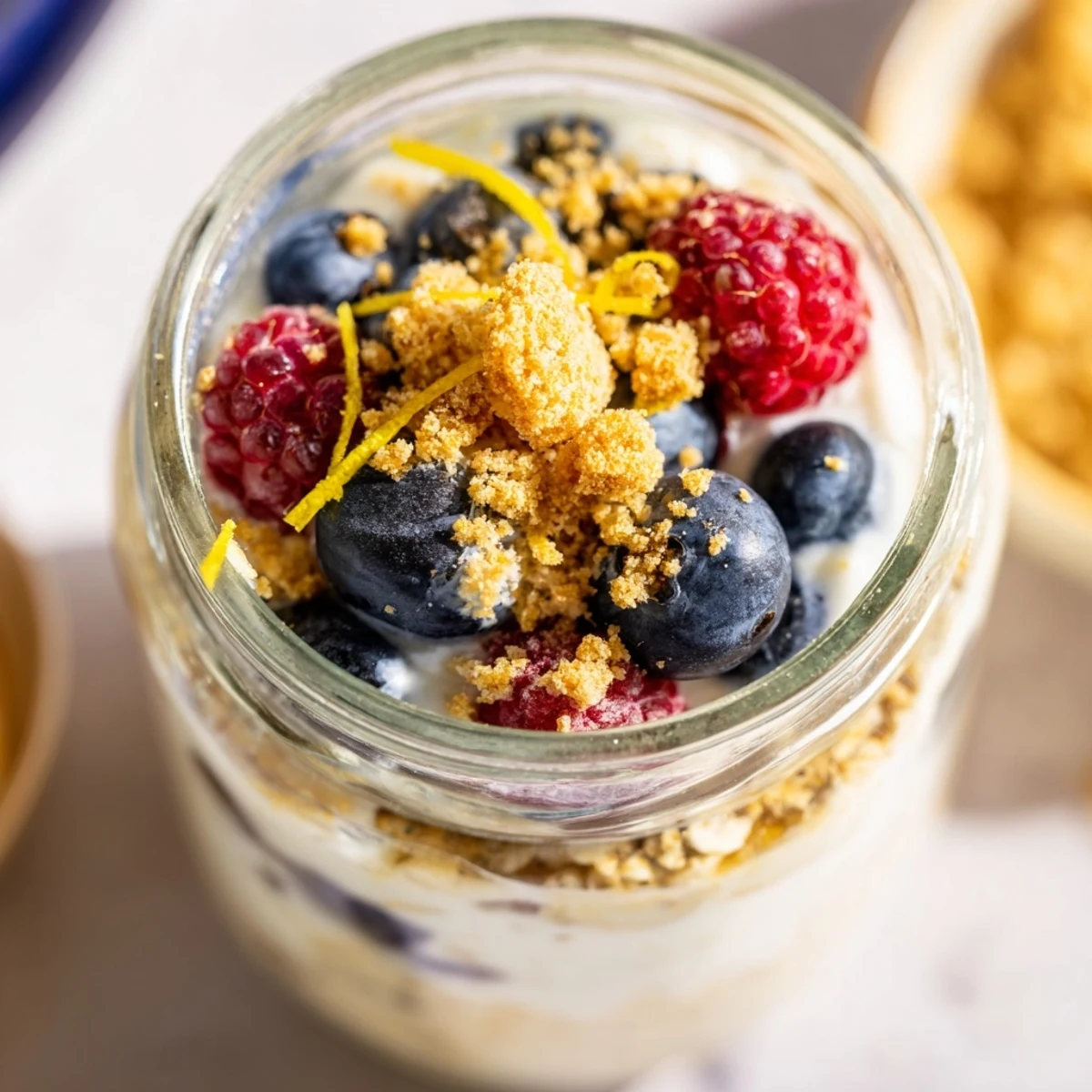 Spoon scooping tangy lemon cheesecake overnight oats layered with yogurt and topped with raspberries