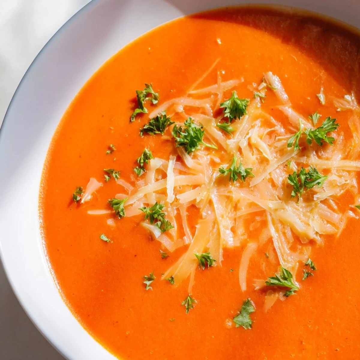 Velvety roasted red pepper Gouda soup served in rustic bowls with crusty bread on the side