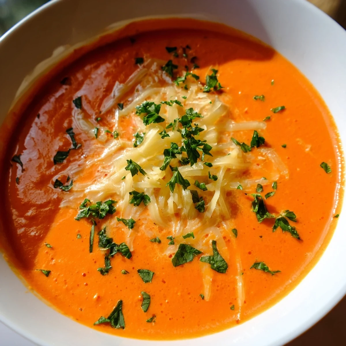 Steaming bowl of roasted red pepper Gouda soup topped with shredded smoked cheese and paprika