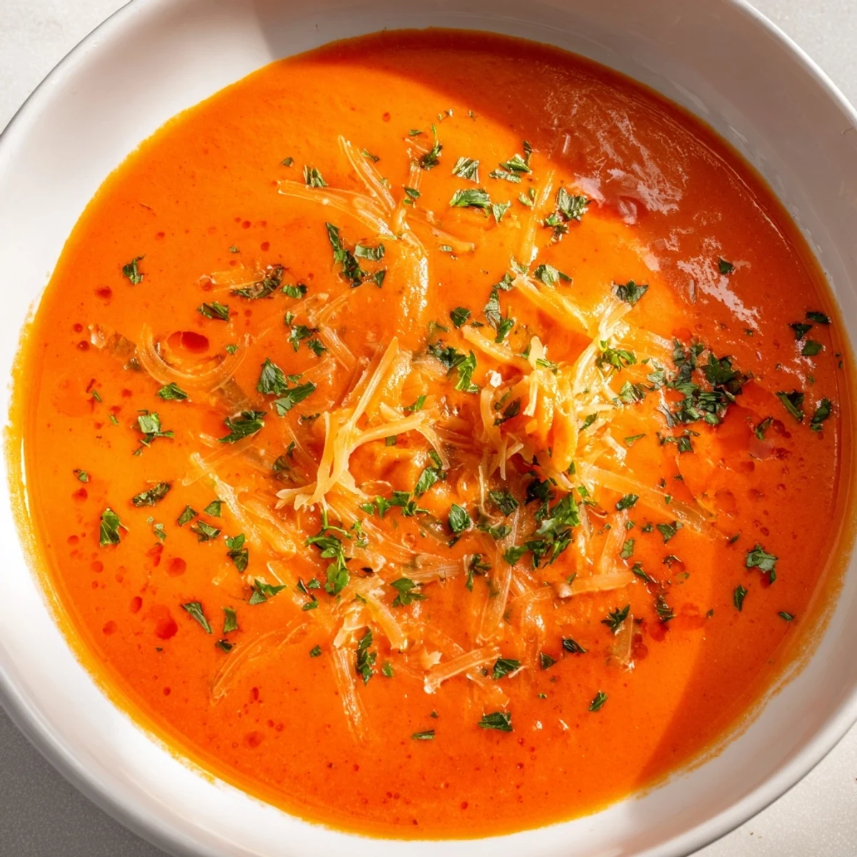 Creamy roasted red pepper Gouda soup garnished with fresh parsley and melted cheese shavings