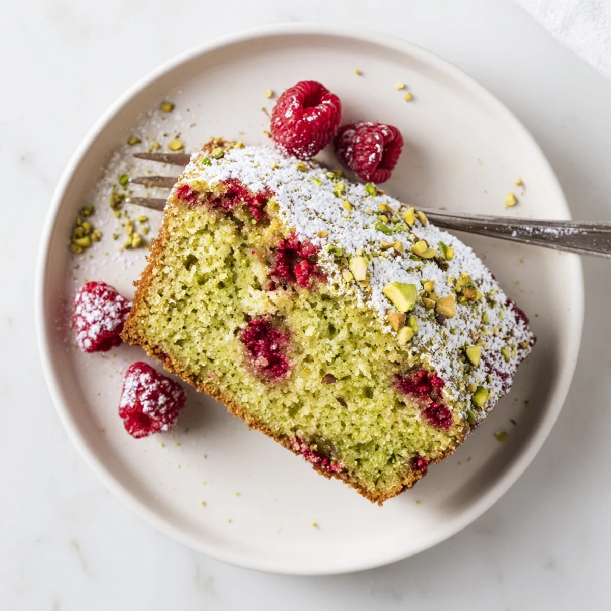 Golden pistachio raspberry cake slice with powdered sugar dusting on white plate