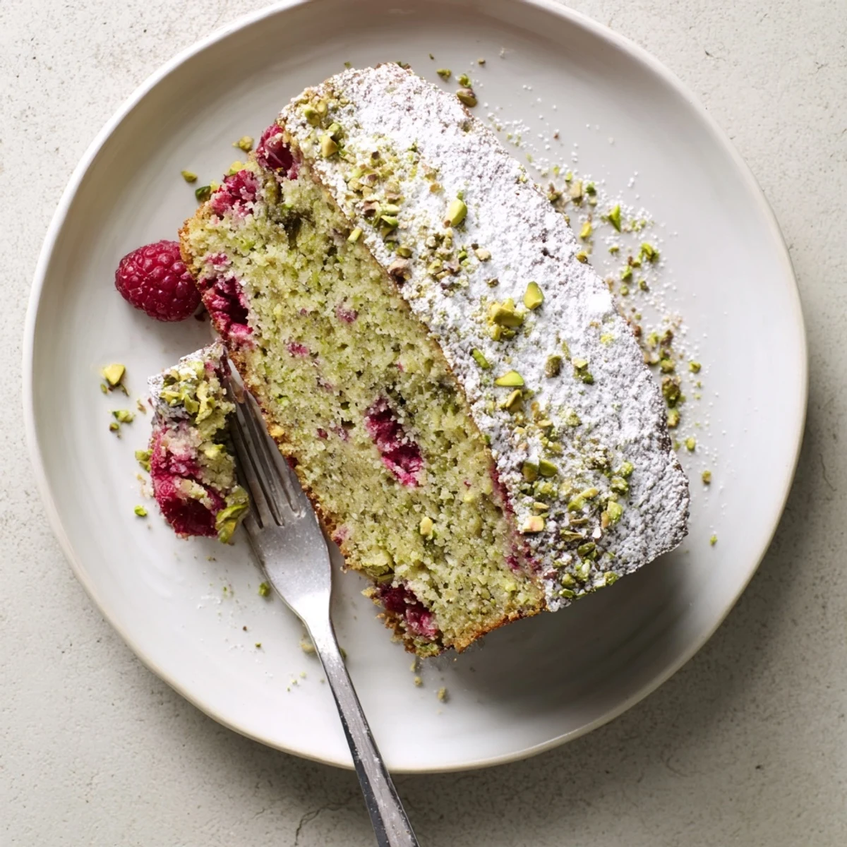 Moist green pistachio cake layered with tart red raspberries and chopped nuts