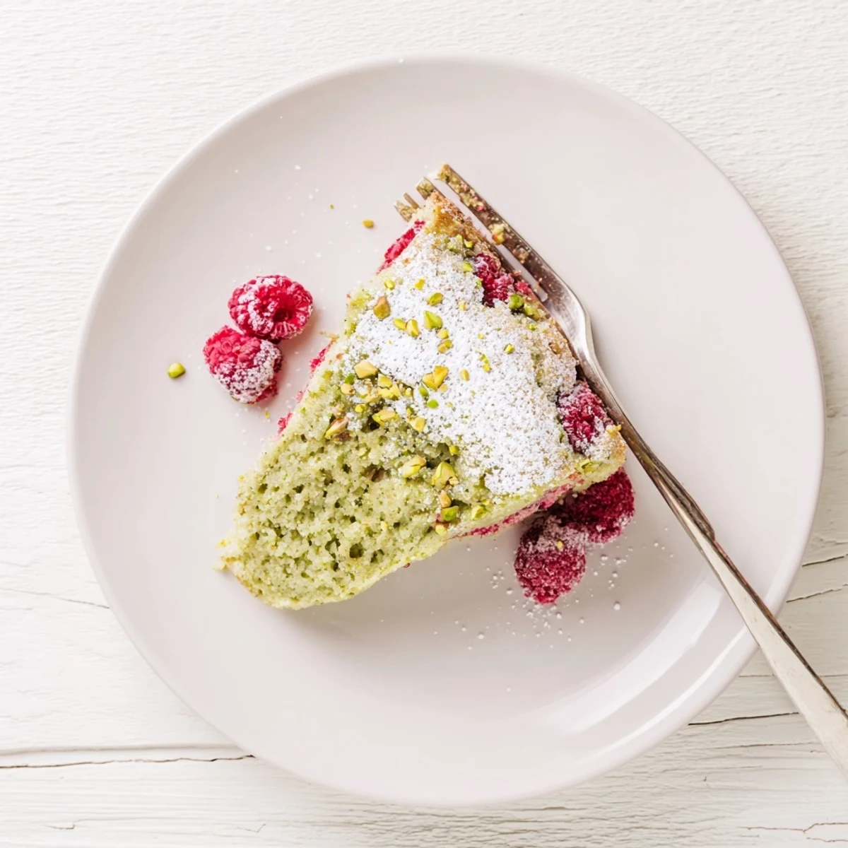 Decorative pistachio raspberry cake close-up showing vibrant fruit and nutty crumb texture