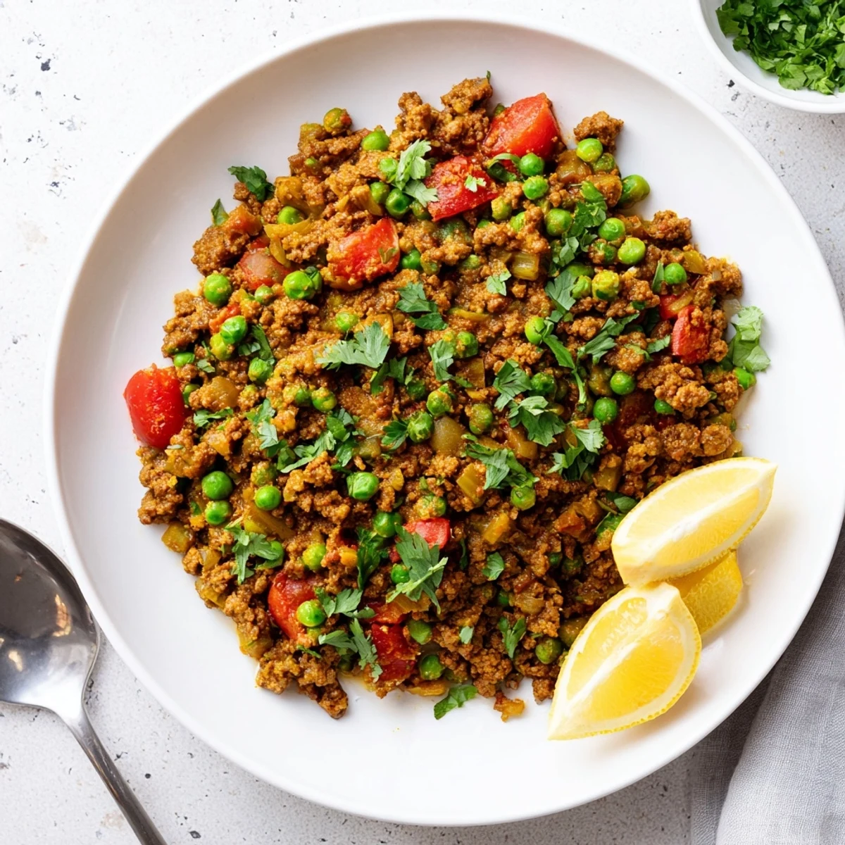 Savory Keema Curry featuring tender ground meat simmered with aromatic spices, green peas, and fresh cilantro garnish