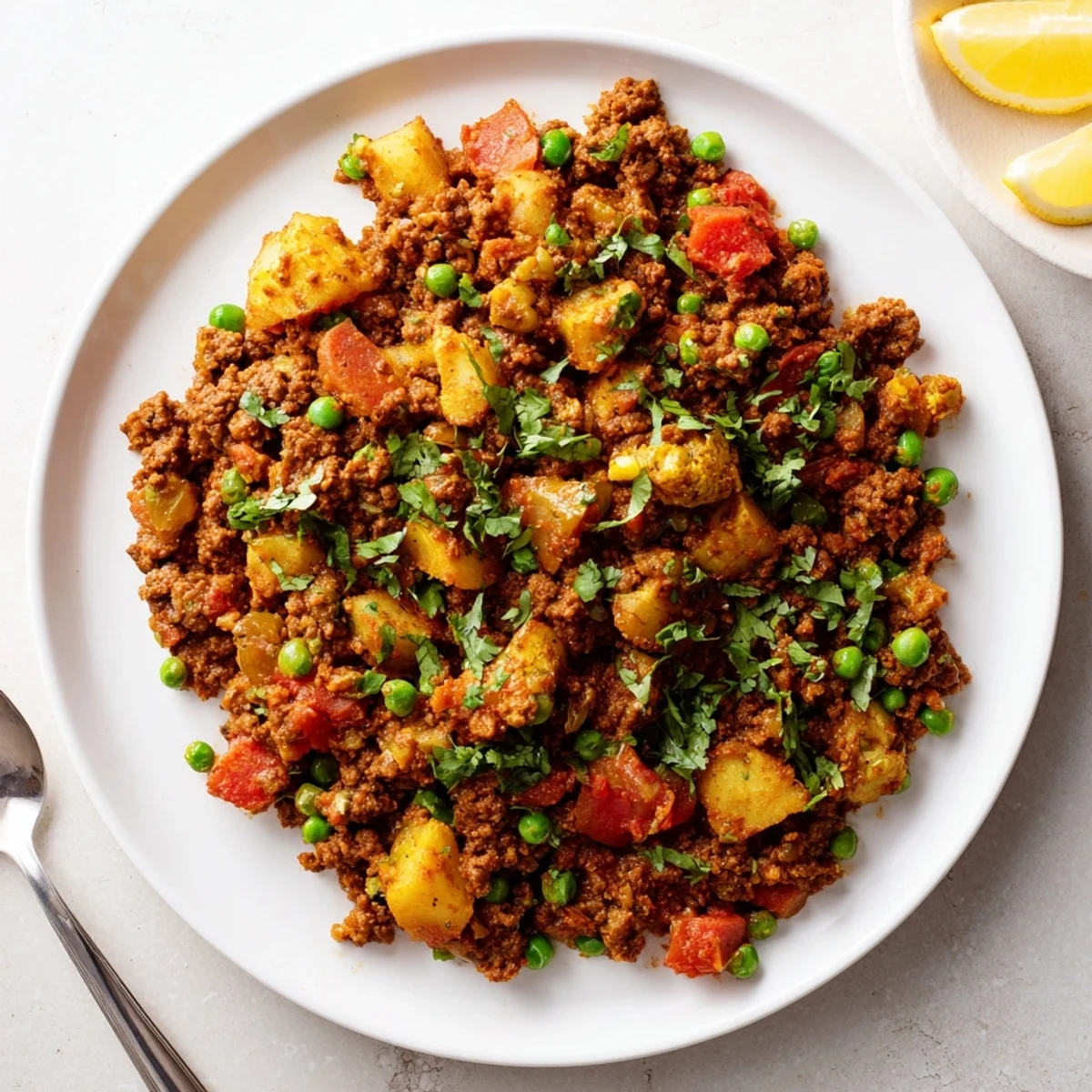 Homemade Keema Curry bowl showcasing spiced minced meat with vibrant tomatoes, peas, and zesty lemon wedges