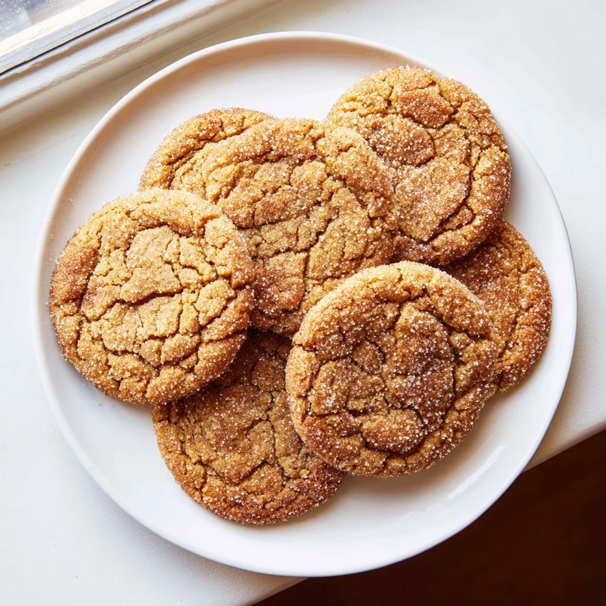 Golden Gingersnap Cookies with crackled tops dusted in sparkling sugar on a white plate