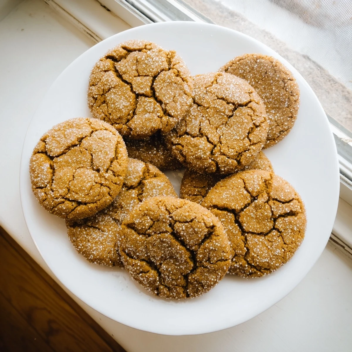 Crunchy homemade Gingersnap Cookies arranged on a wooden board with warm spices visible