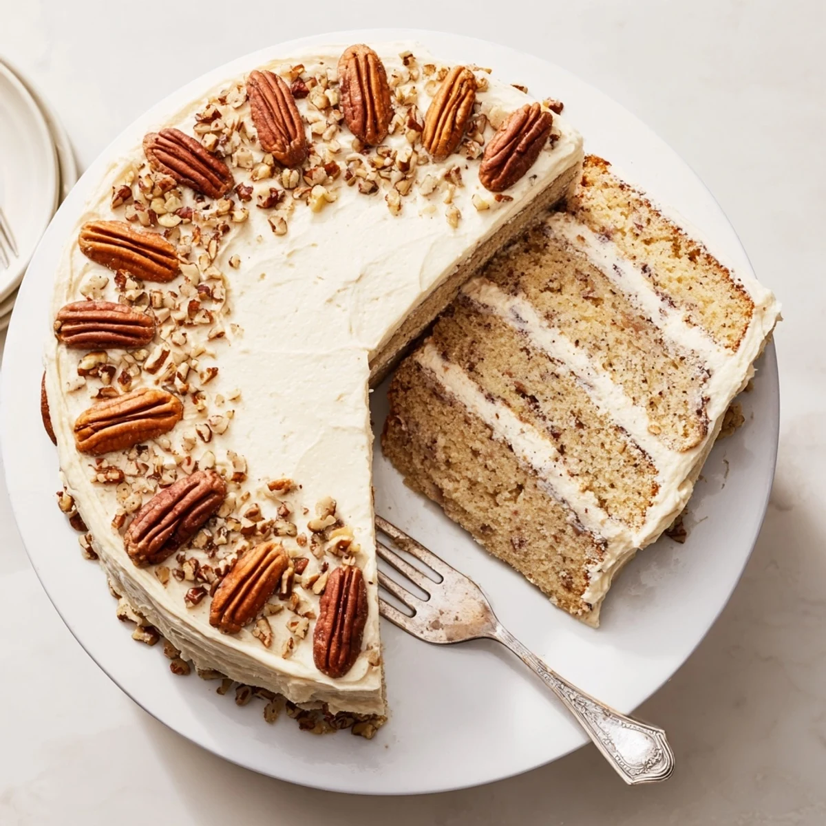 Three-layer butter pecan cake with rich frosting and crunchy pecan garnish on white plate