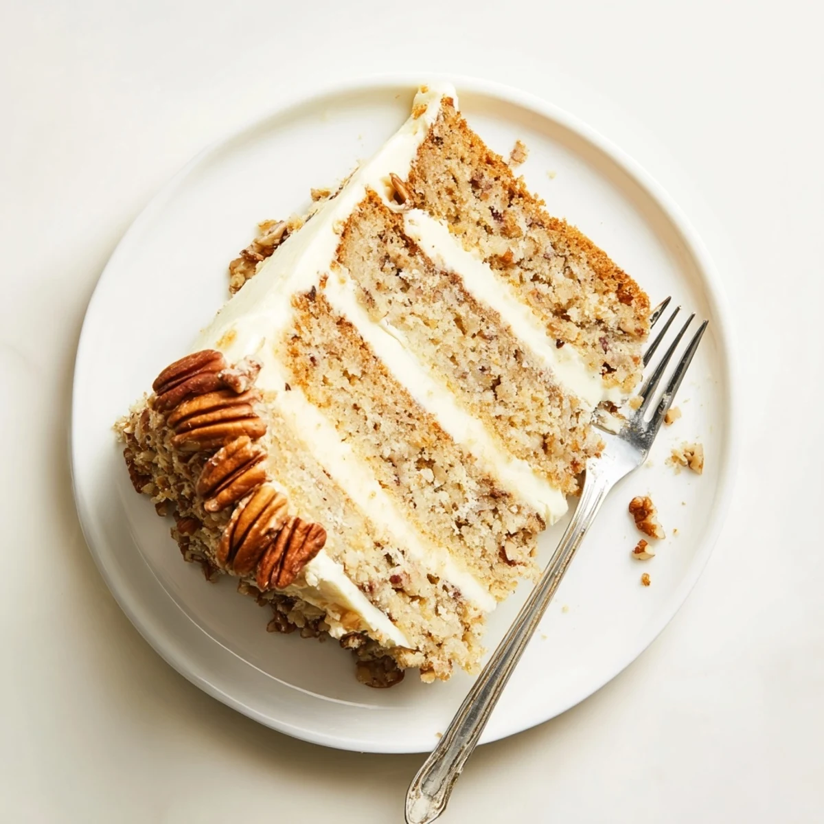 Homemade butter pecan cake showing moist crumb texture with buttery frosting and pecan topping