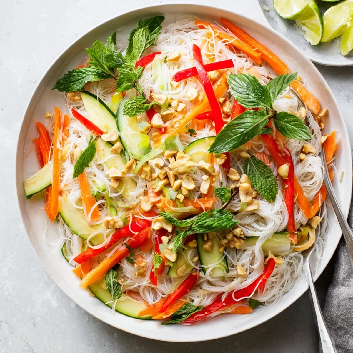 Colorful Vietnamese noodle salad bowl with crisp vegetables, fresh herbs, and tangy lime dressing garnished with crushed peanuts.
