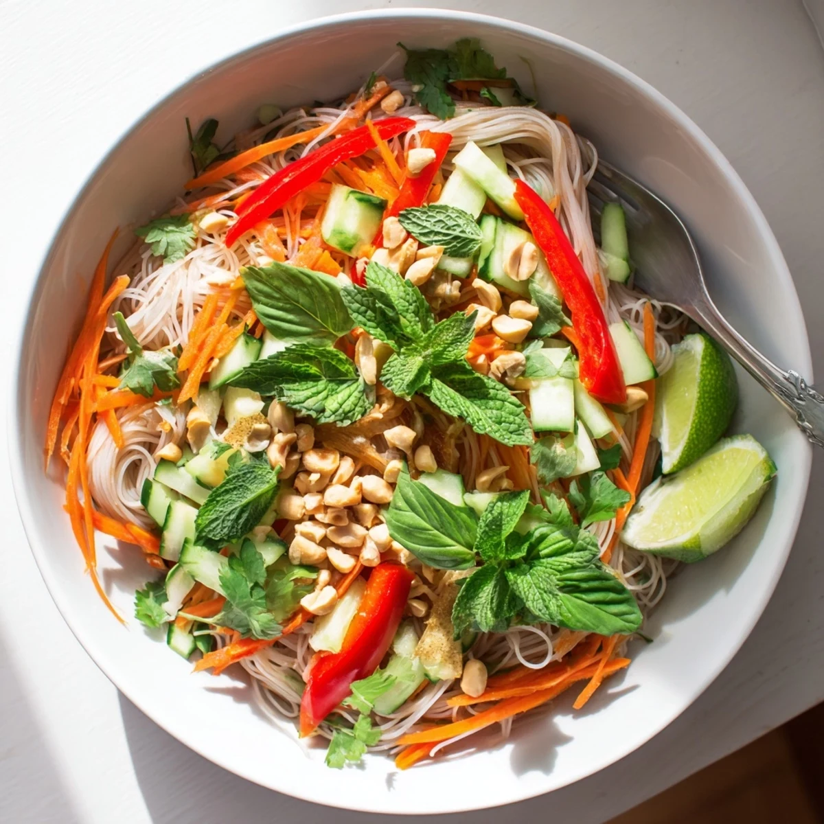 Refreshing Vietnamese noodle salad featuring rice vermicelli tossed with julienned carrots, cucumber, and zesty herb-infused dressing.