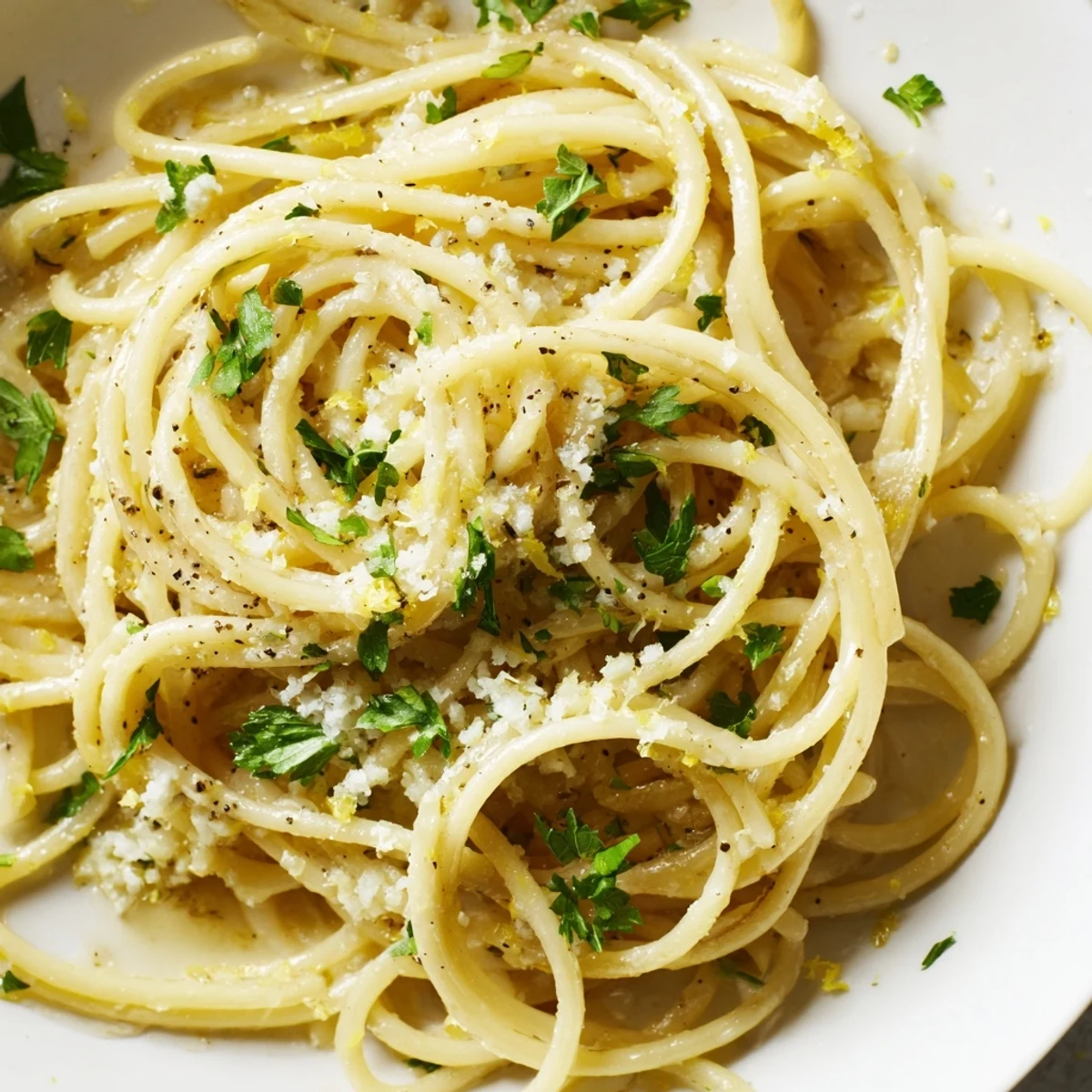 Golden strands of garlic butter pasta coated in rich melted butter sauce with fresh parsley garnish