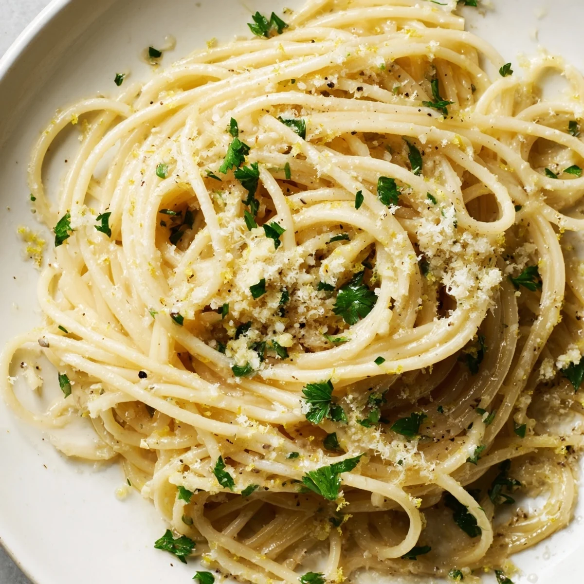 Close up of garlic butter pasta glistening with olive oil and red pepper flakes
