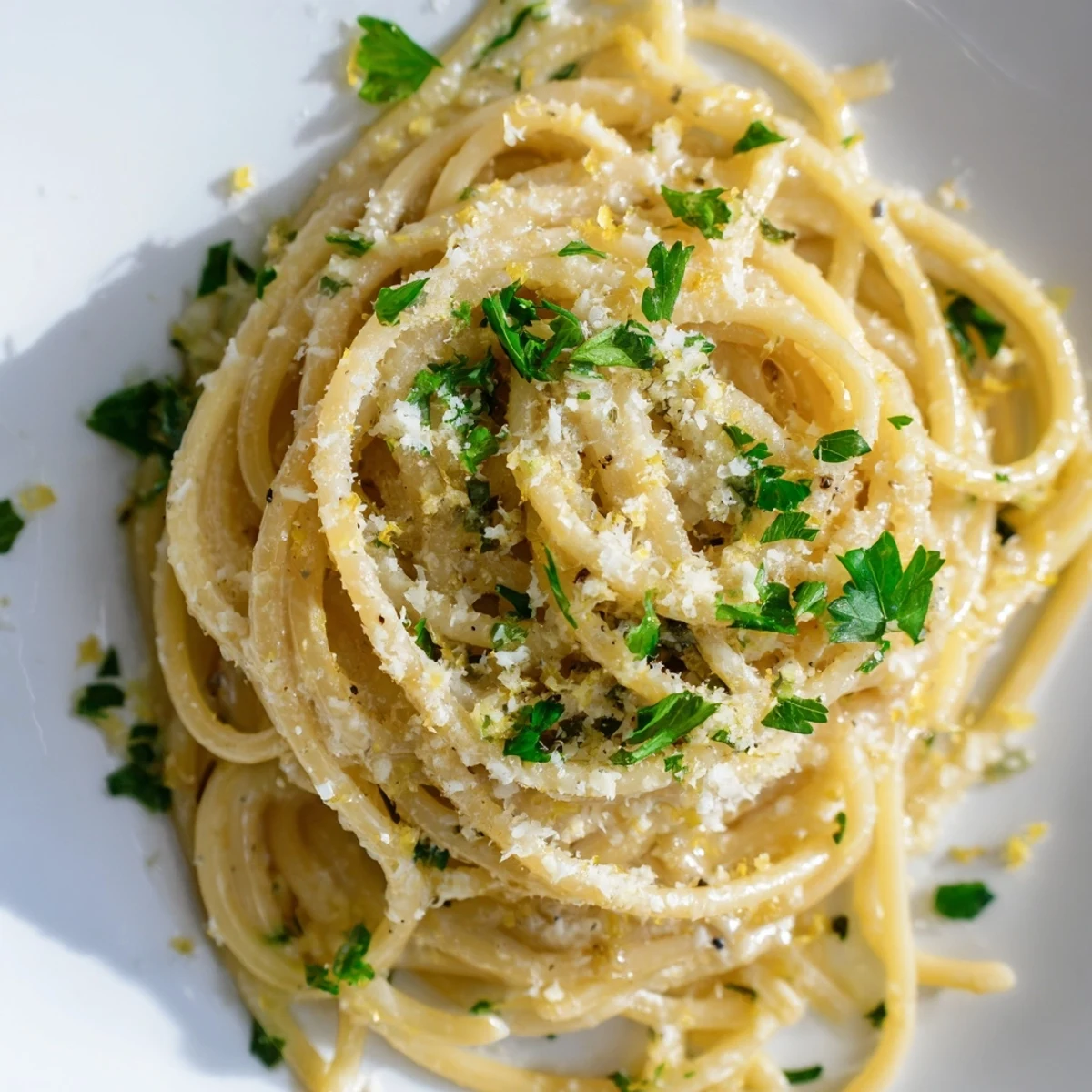 Steaming plate of garlic butter pasta tossed with zesty lemon and grated Parmesan cheese