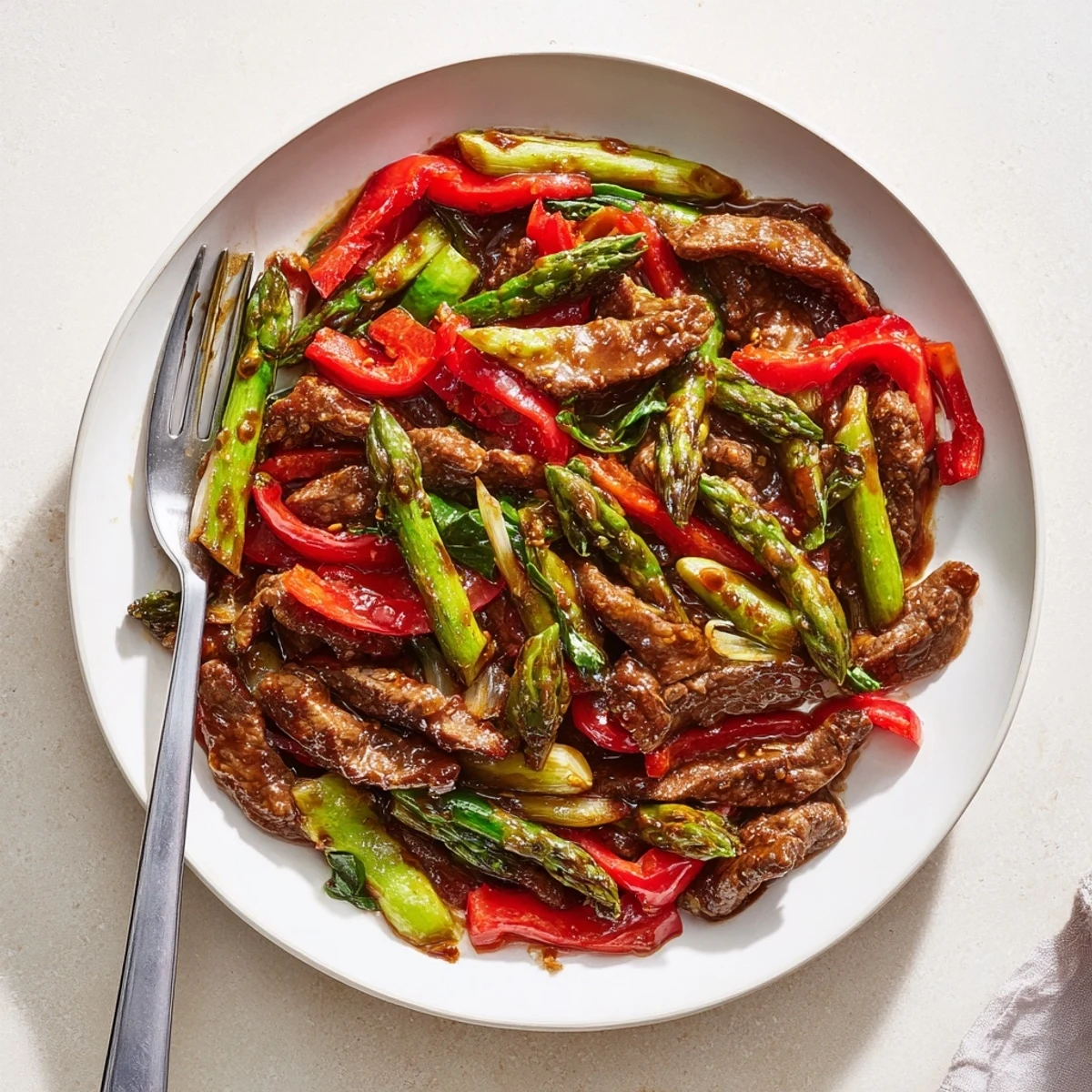 Soy beef bok choy and asparagus stir fry served in white bowl over steaming rice