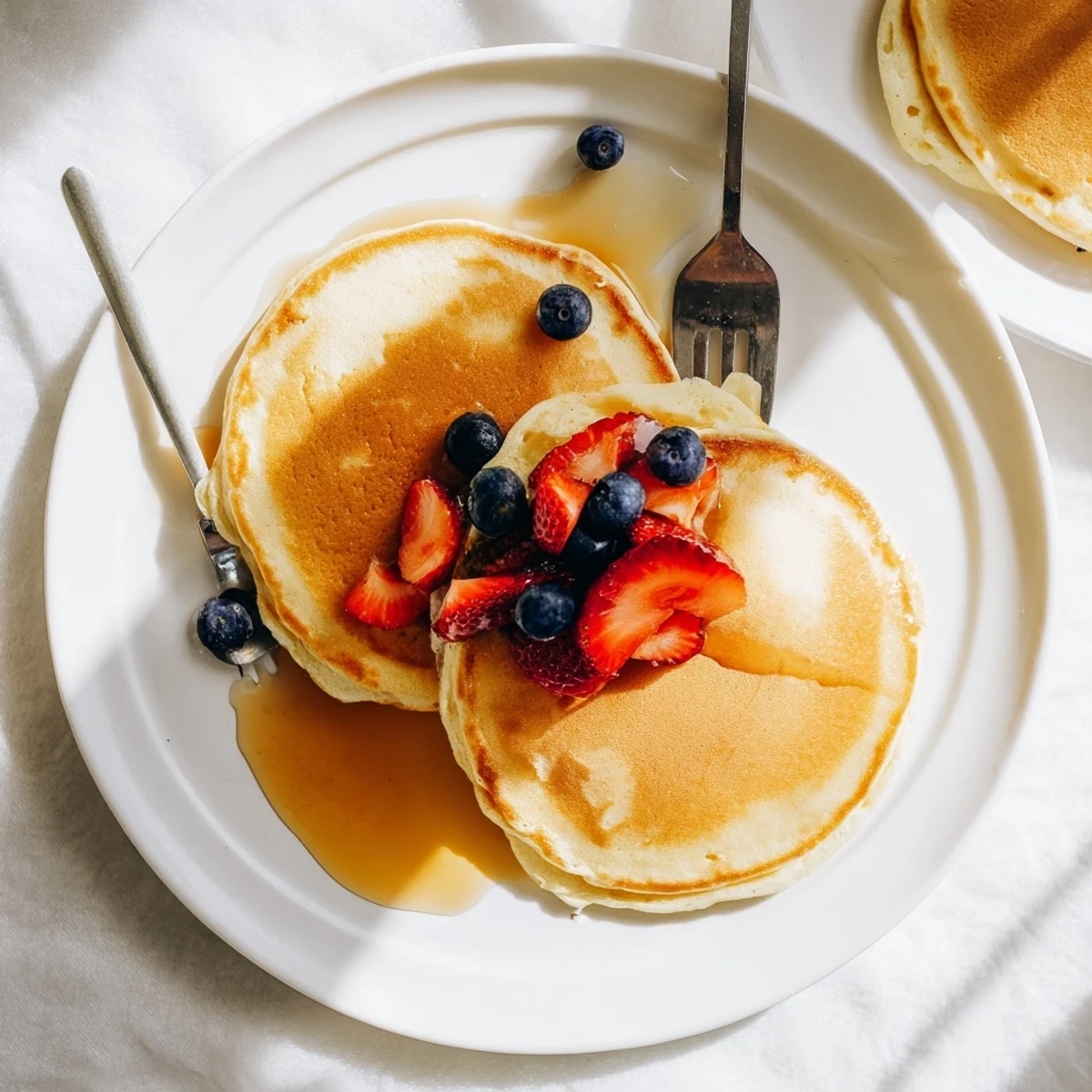 Stack of golden fluffy pancakes drizzled with maple syrup and topped with fresh berries on a white plate