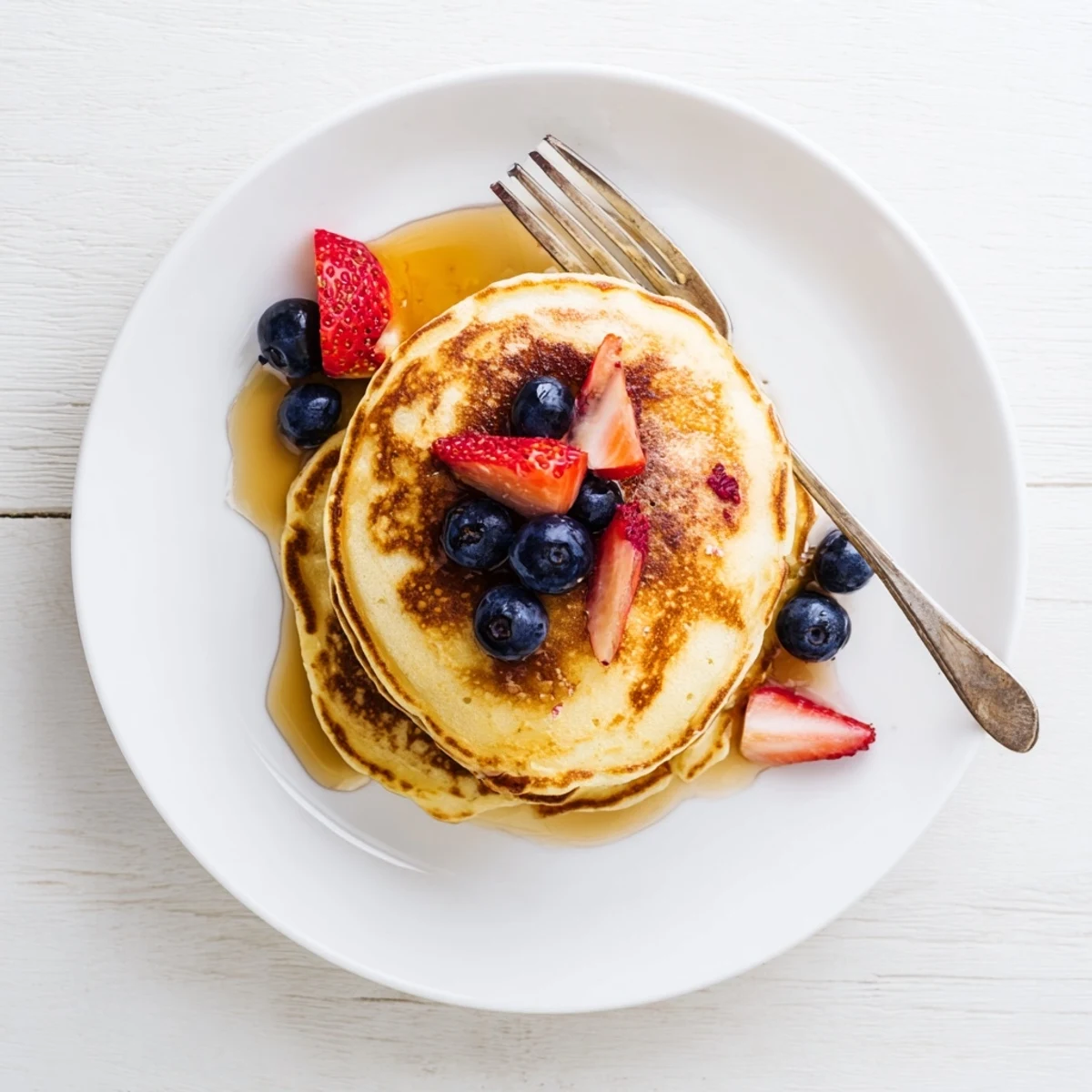 Homemade fluffy pancakes stacked high on a breakfast plate with seasonal fruit and sweet maple syrup glaze