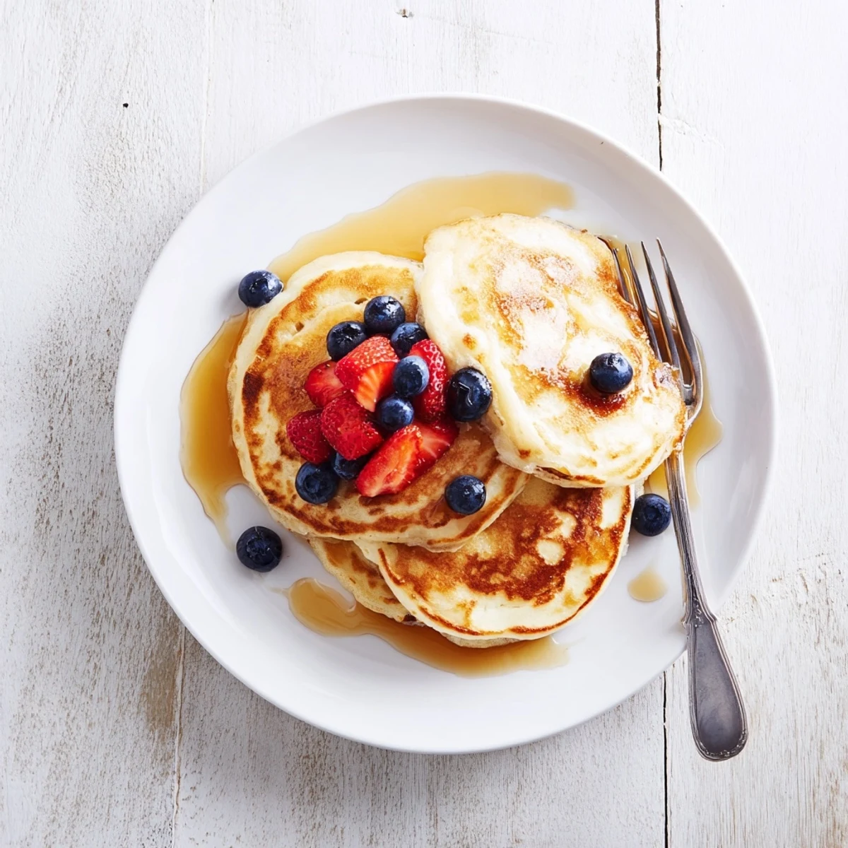 Fluffy pancakes with tender interiors and crispy golden edges served warm with melted butter and poured syrup