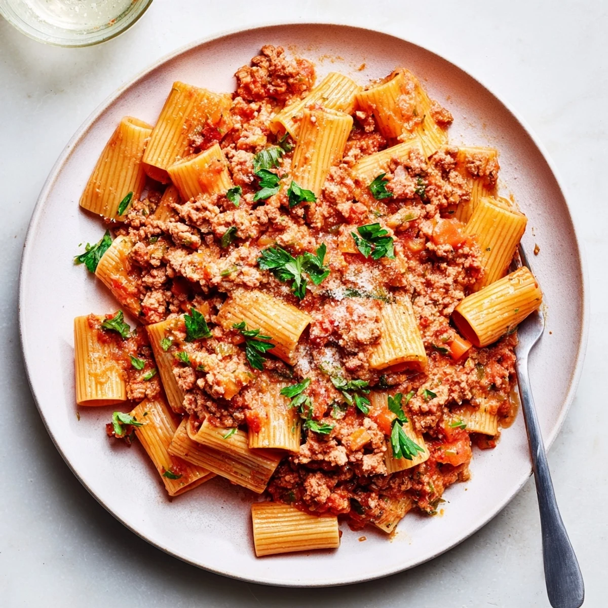 Golden Turkey Bolognese sauce coats spaghetti with fresh basil and grated Parmesan