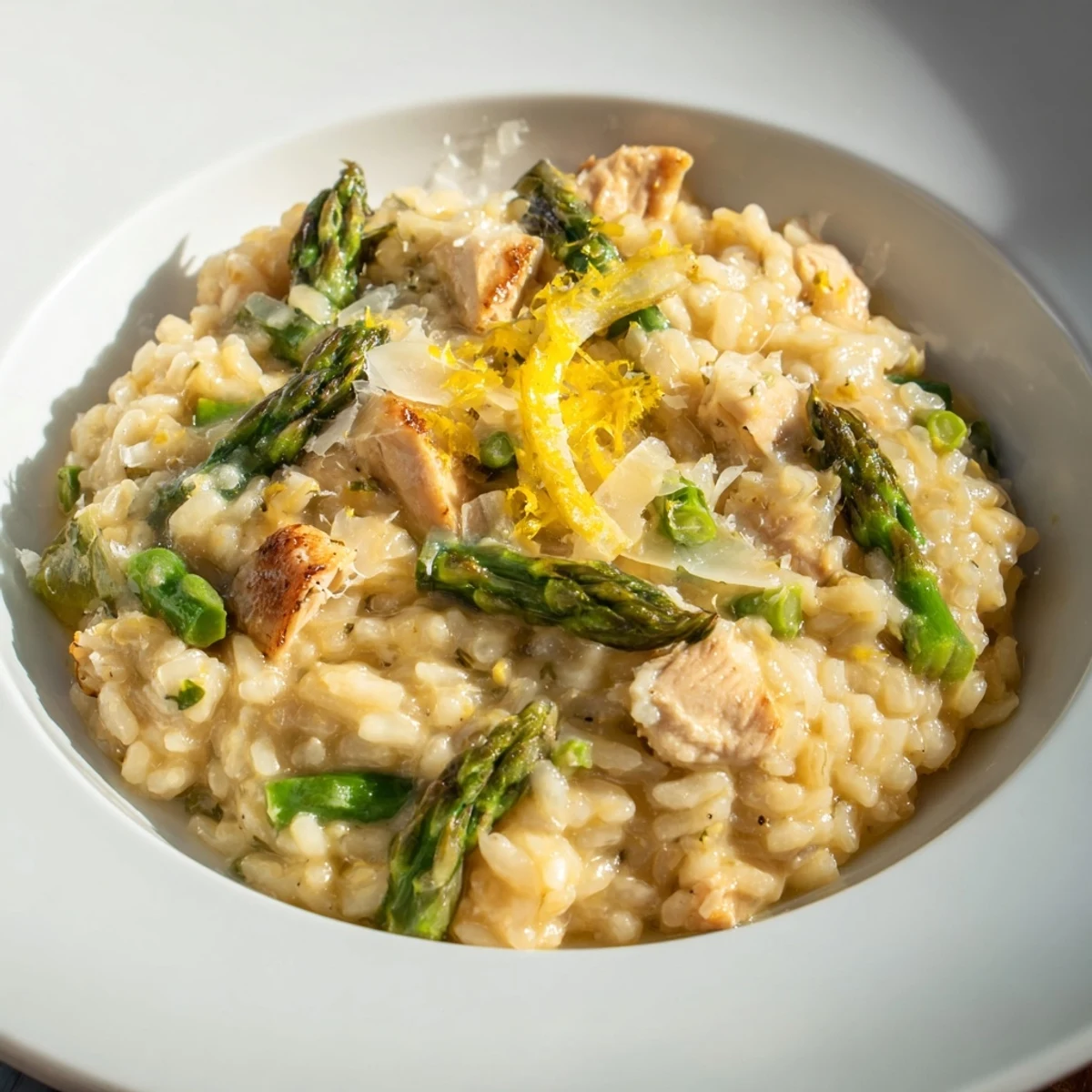 Creamy chicken and asparagus risotto topped with grated Parmesan and fresh parsley garnish
