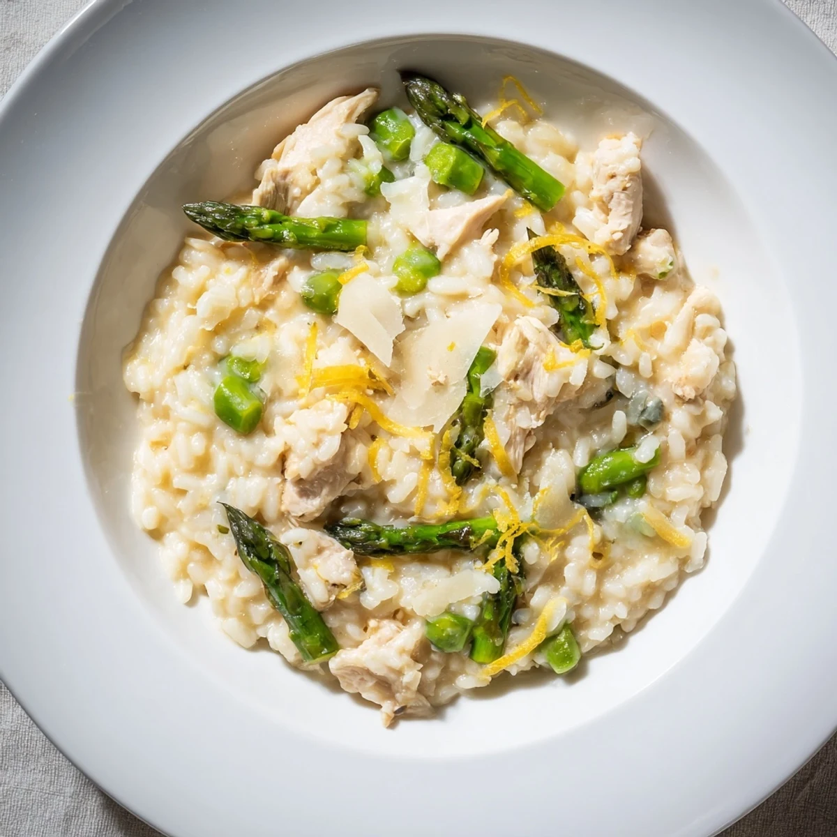 Golden Arborio rice with tender chicken pieces and bright green asparagus in a rich, creamy sauce