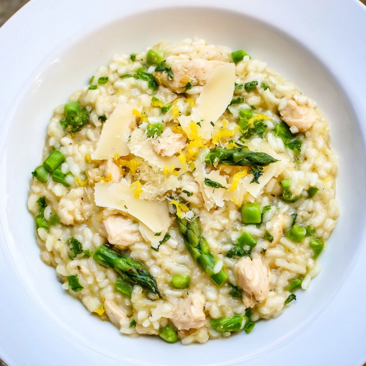 Steaming bowl of Italian chicken and asparagus risotto with lemon zest and extra cheese sprinkled on top