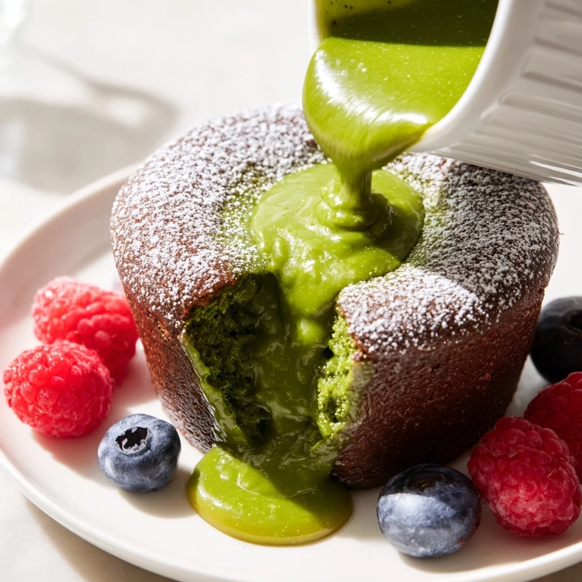 Warm matcha lava cake with molten green center flowing onto white plate