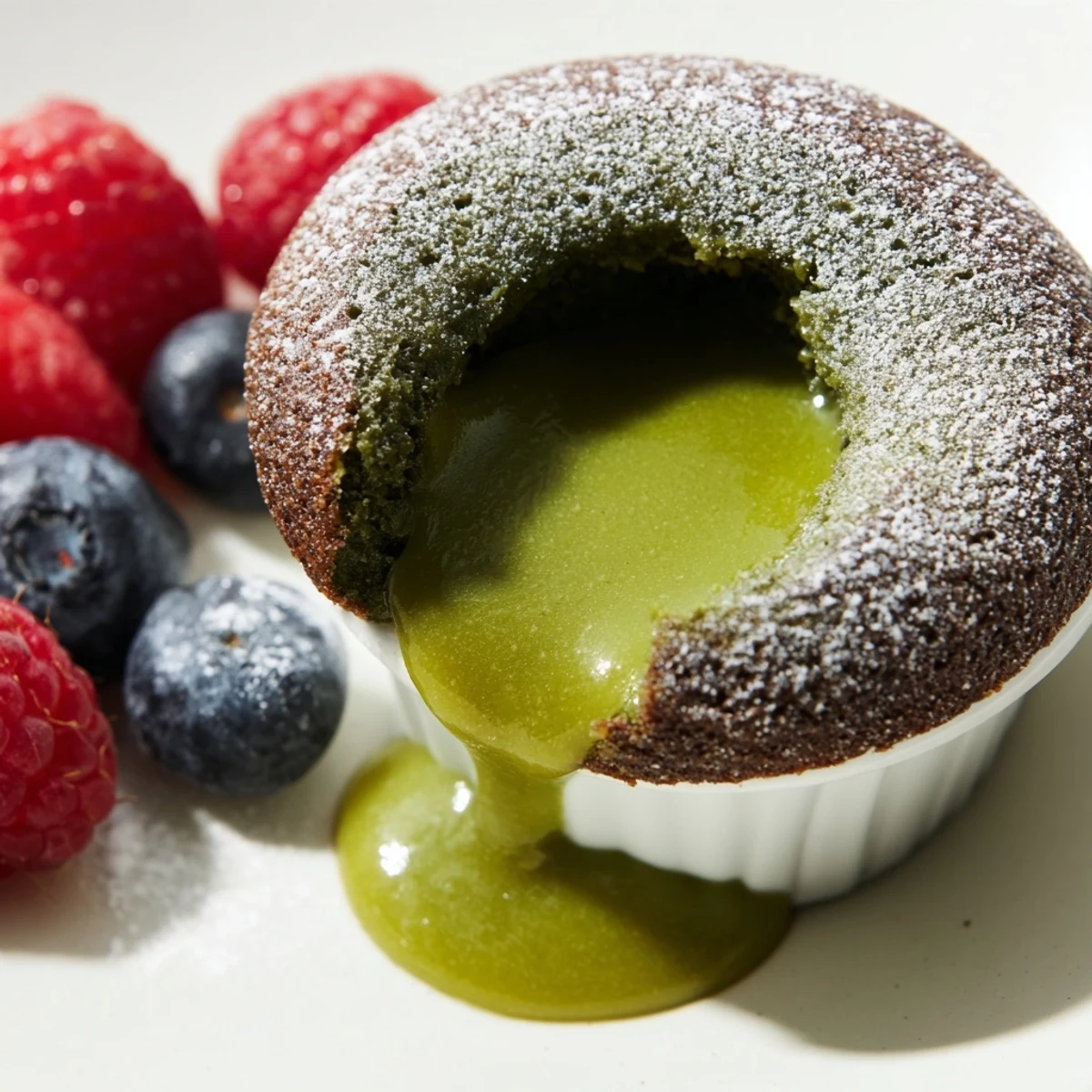 Golden matcha lava cake split open to reveal vibrant molten green tea center