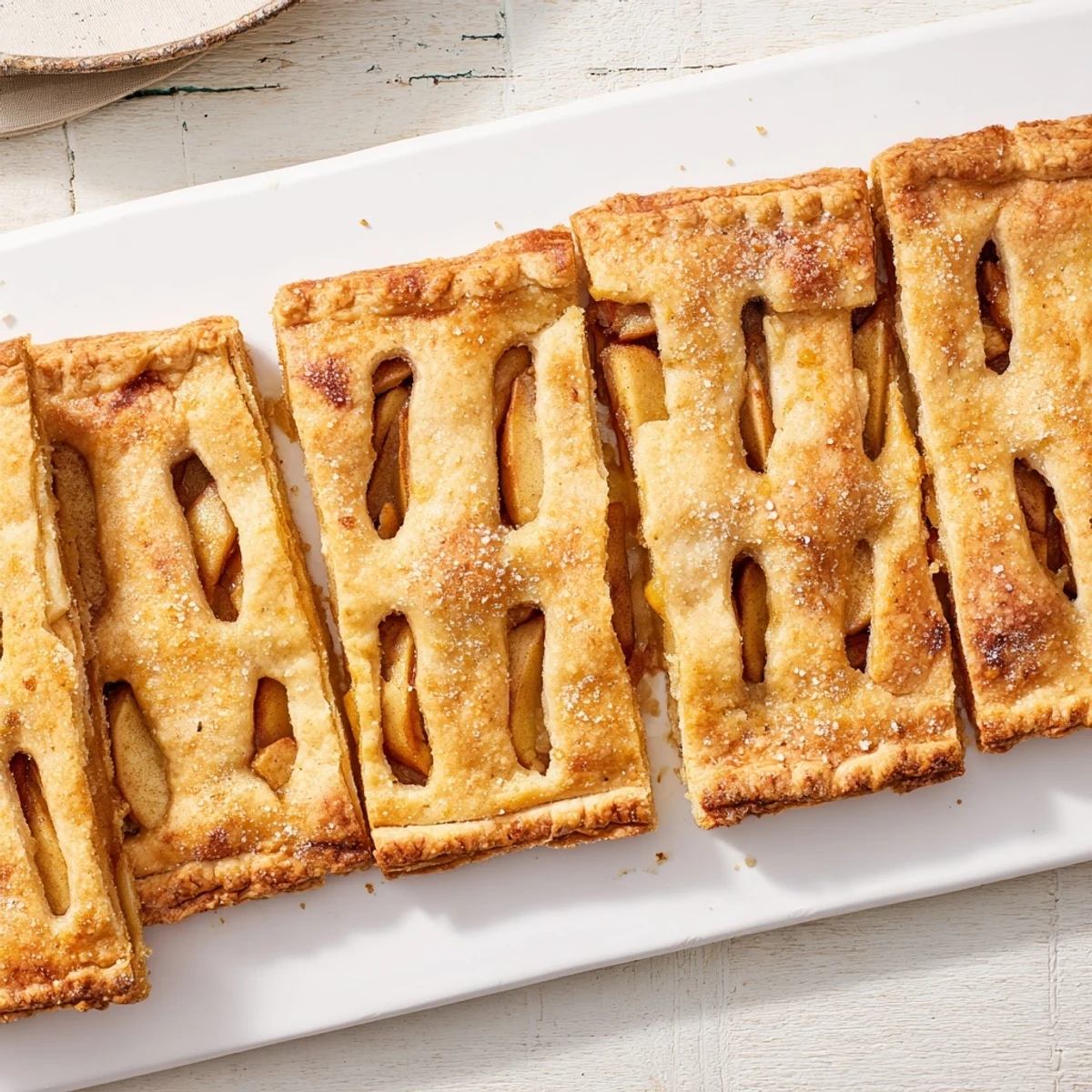 Rectangular apple slab pie baked to golden perfection with cinnamon-spiced apple slices beneath