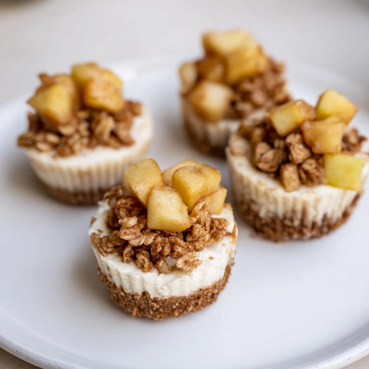 Warm spiced apples and buttery oat crumble sit atop rich cheesecake bites